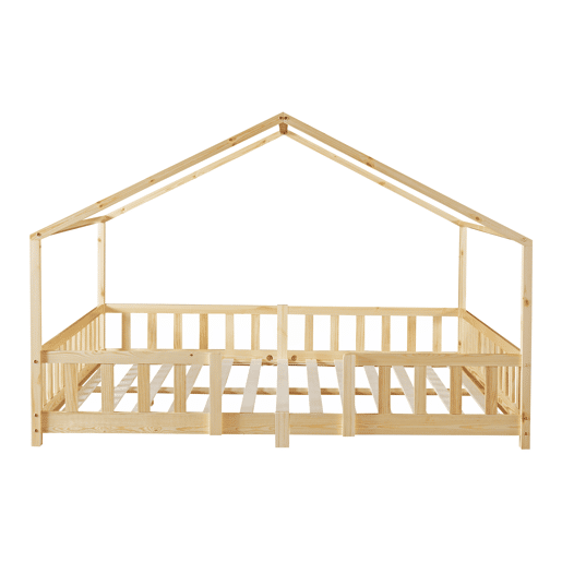 Cama de criança Treviolo em forma de casa pinho + colchão 120x200cm - Pinho natural en.casaneu.haus.