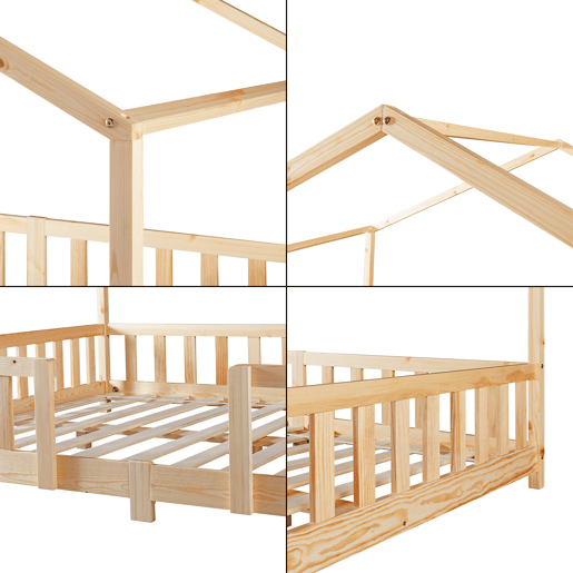 Cama de criança Treviolo em forma de casa pinho + colchão 120x200cm - Pinho natural en.casaneu.haus.