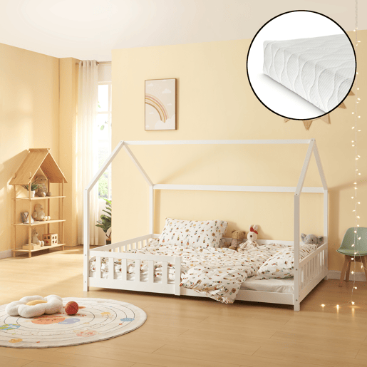 Cama de criança Hesel em forma de casa com grelha e colchão 120x200cm - Branco en.casa