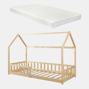 Cama de criança Hesel em forma de casa com grelha e colchão 90x200cm - Natural en.casa