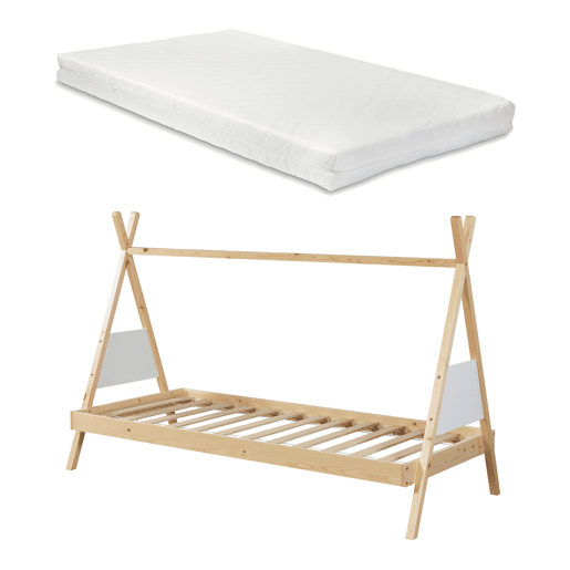 Cama de criança Siikajoki com colchão de madeira de pinho 90x200 cm - NaturalBranco en.casa