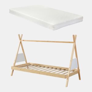 Cama de criança Siikajoki com colchão de madeira de pinho 90x200 cm - NaturalBranco en.casa