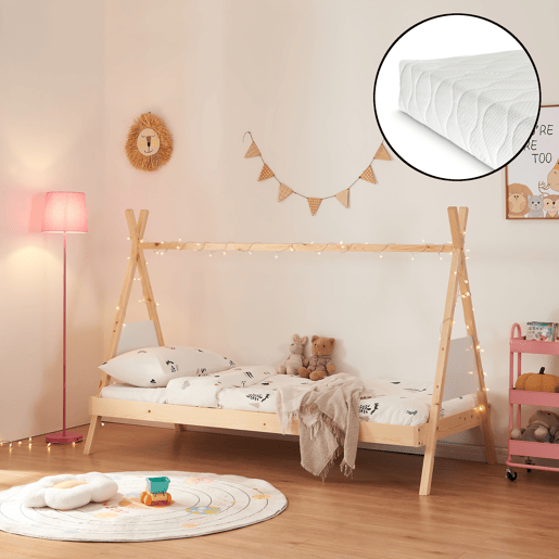 Cama de criança Siikajoki com colchão de madeira de pinho 90x200 cm - NaturalBranco en.casa