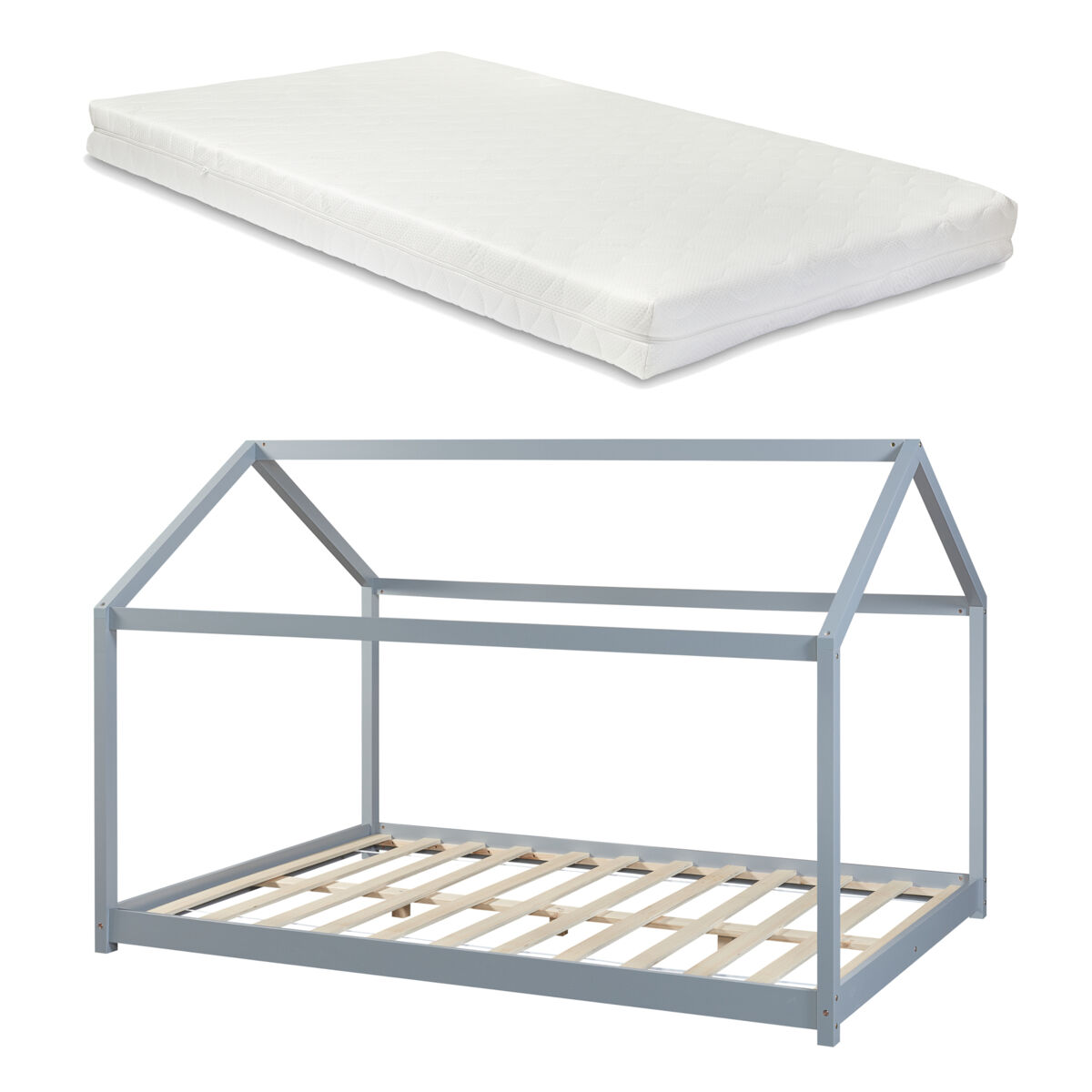 Cama para niños cerro en forma de casa con colchón pino 120x200cm - gris [en.casa]
