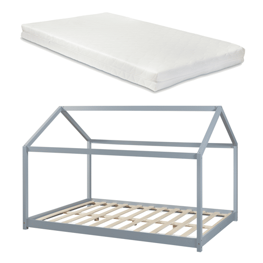 Cama de criança Cerro em forma de casa com colchão de pinho 120x200cm - Cinzento en.casa