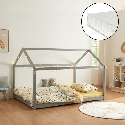 Cama de criança Cerro em forma de casa com colchão de pinho 120x200cm - Cinzento en.casa