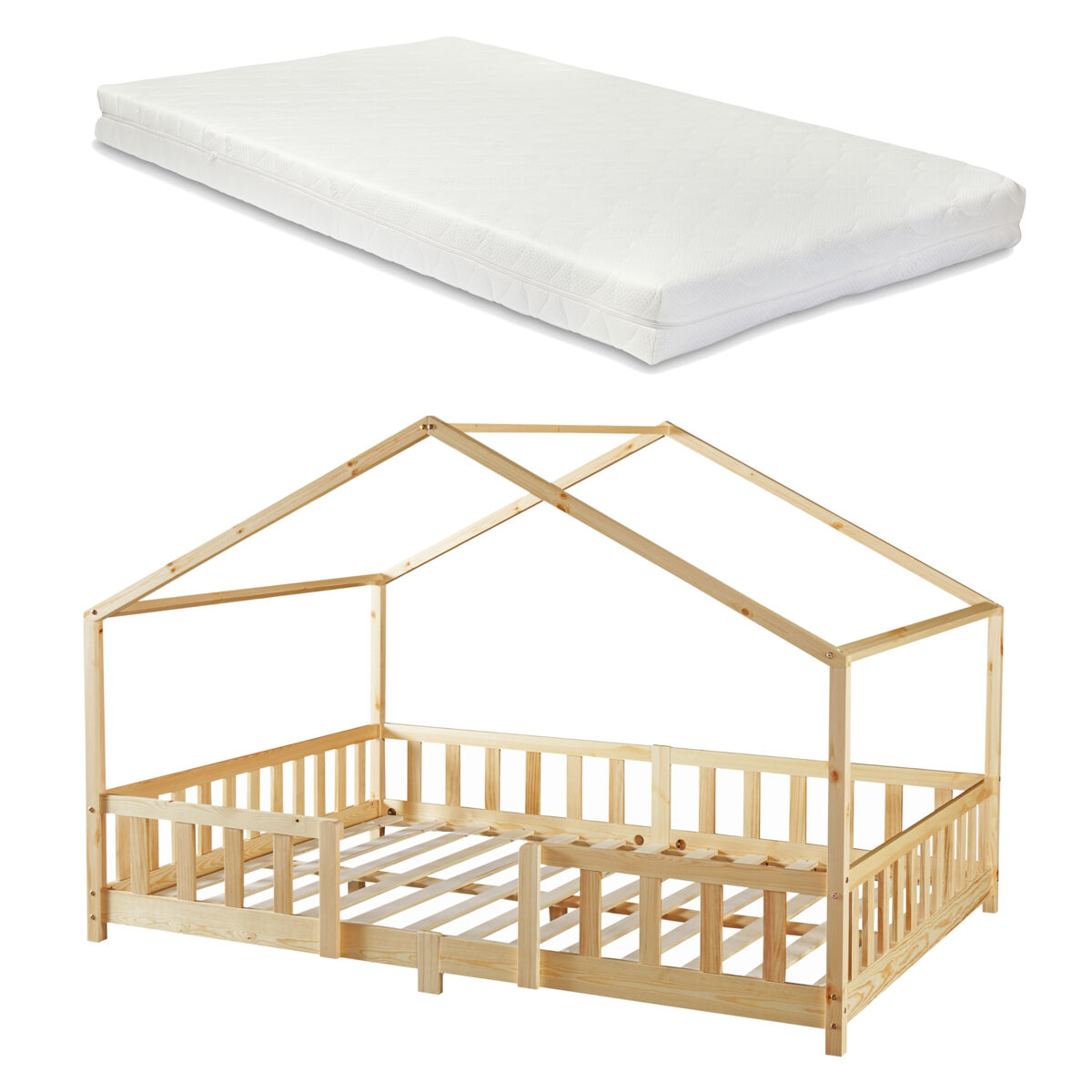 Cama para niños treviolo forma de casa pino + colchón 140x200cm - pino natural [en.casa][neu.haus]
