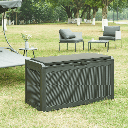 Arca de exterior Atella 380 L com almofada 122x55x65 cm - Efeito rattan preto casa.pro