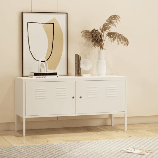 Mobiliário de sala de estar Pyhtää com 2 portas de aço 118x40x60 cm - Branco mate en.casa.