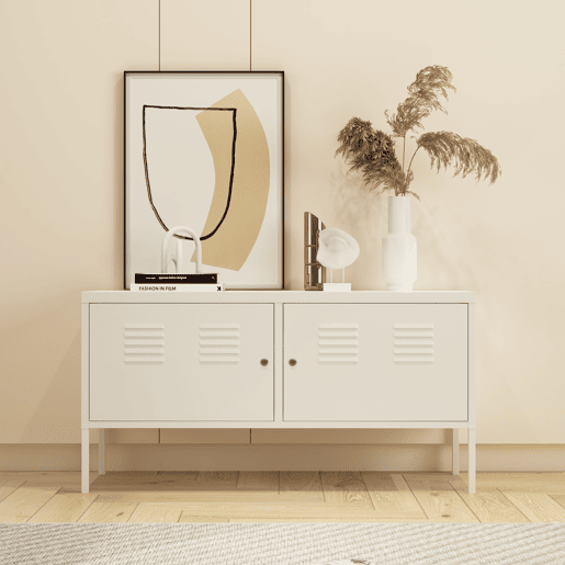 Mobiliário de sala de estar Pyhtää com 2 portas de aço 118x40x60 cm - Branco mate en.casa.