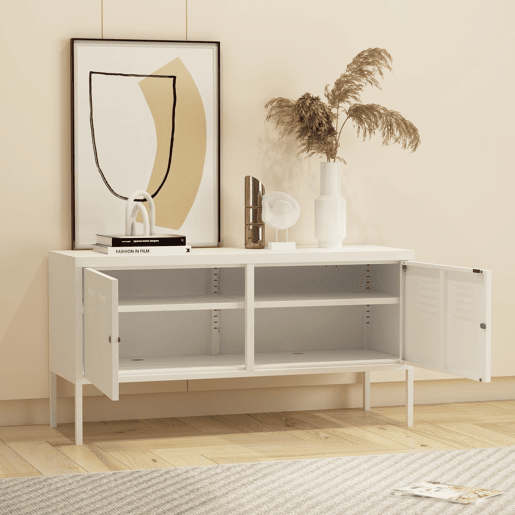 Mobiliário de sala de estar Pyhtää com 2 portas de aço 118x40x60 cm - Branco mate en.casa.