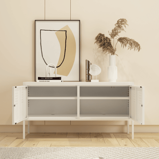 Mobiliário de sala de estar Pyhtää com 2 portas de aço 118x40x60 cm - Branco mate en.casa.