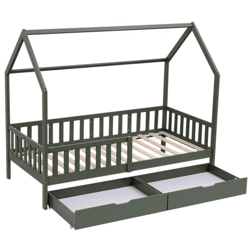 Cama cabaña verde con cajones para niños MARCEAU 190x90cm