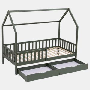 Cama cabaña verde con cajones para niños MARCEAU 190x90cm