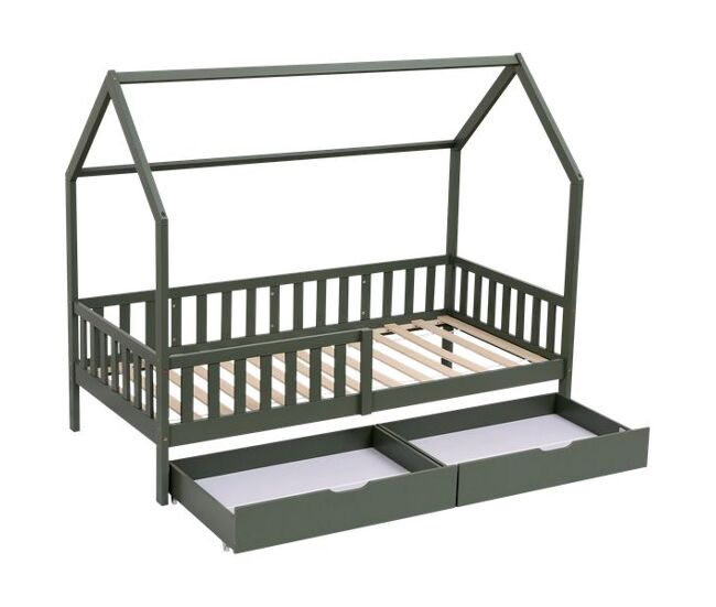 Cama cabaña verde con cajones para niños MARCEAU 190x90cm