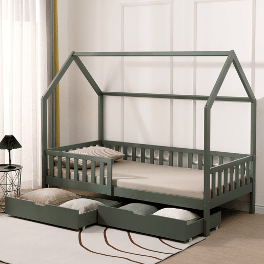 Cama cabaña verde con cajones para niños MARCEAU 190x90cm