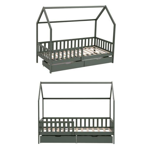 Cama cabaña verde con cajones para niños MARCEAU 190x90cm