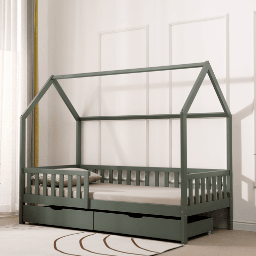 Cama cabaña verde con cajones para niños MARCEAU 190x90cm
