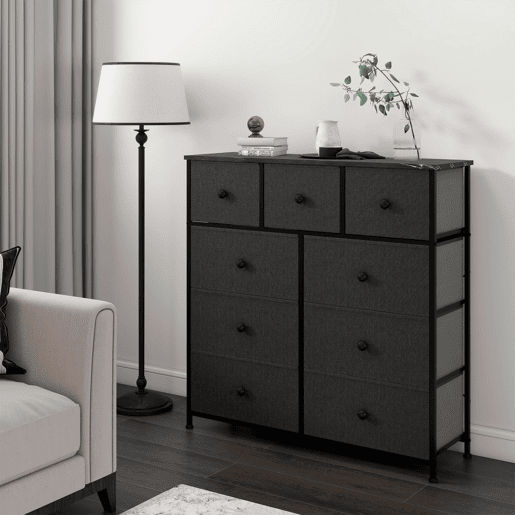 Max Home Cómoda em mármore preto com 9 gavetas em tecido