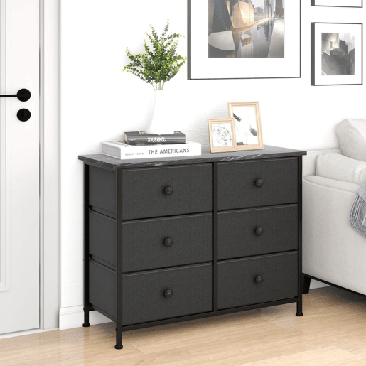 Max Home Cómoda em mármore preto com 6 gavetas em tecido