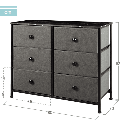 Max Home Cómoda em mármore preto com 6 gavetas em tecido