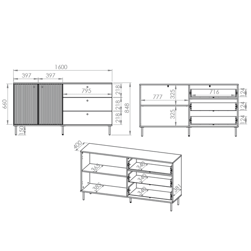Nova Cashmere Aparador de 2 portas e 3 gavetas