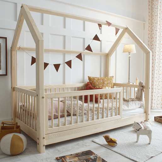 Cama cabana 90x190 com barreira e base de ripas incluídas pés 5 cm Florie Bois