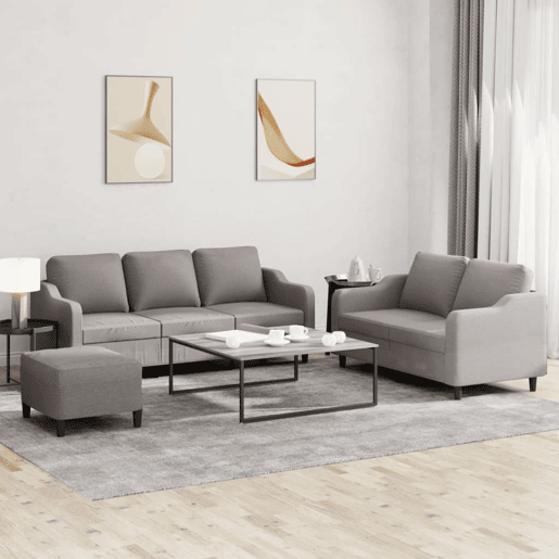 vidaXL 3 pcs conjunto de sofás com almofadões tecido cinza-acastanhado vidaXL 3 pcs conjunto de sofás com almofadões tecido cinza-acastanhado