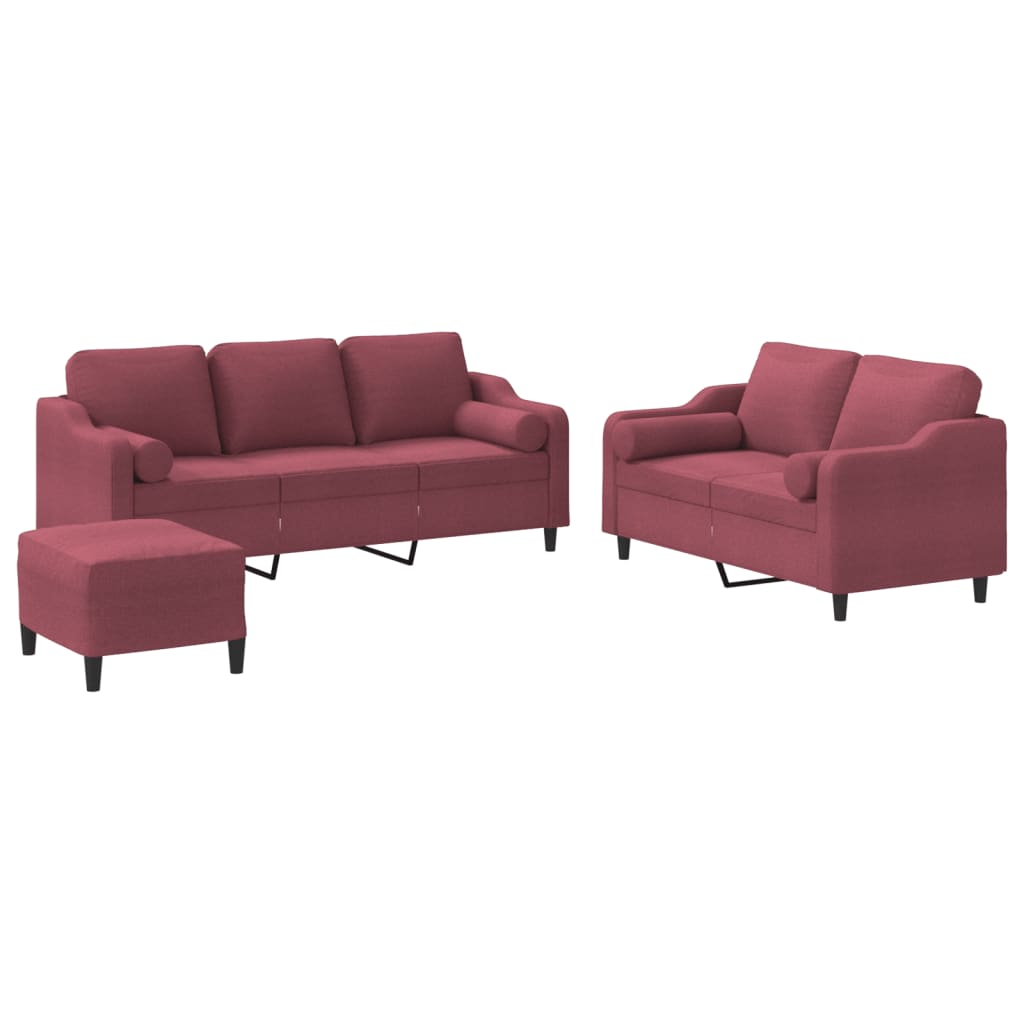 Vidaxl juego de sofás con cojines 3 piezas tela rojo tinto