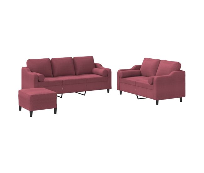 Vidaxl juego de sofás con cojines 3 piezas tela rojo tinto