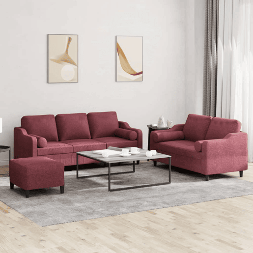 vidaXL 3 pcs conjunto de sofás com almofadas tecido vermelho-tinto vidaXL 3 pcs conjunto de sofás com almofadas tecido vermelho-tinto