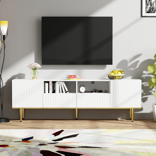 Móvel para televisão moderno - com 2 portas e 2 gavetas - pernas metálicas - branco