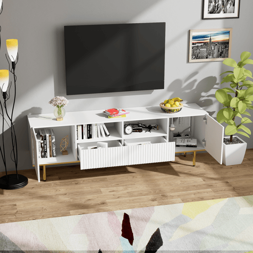 Móvel para televisão moderno - com 2 portas e 2 gavetas - pernas metálicas - branco