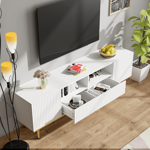 Móvel para televisão moderno - com 2 portas e 2 gavetas - pernas metálicas - branco