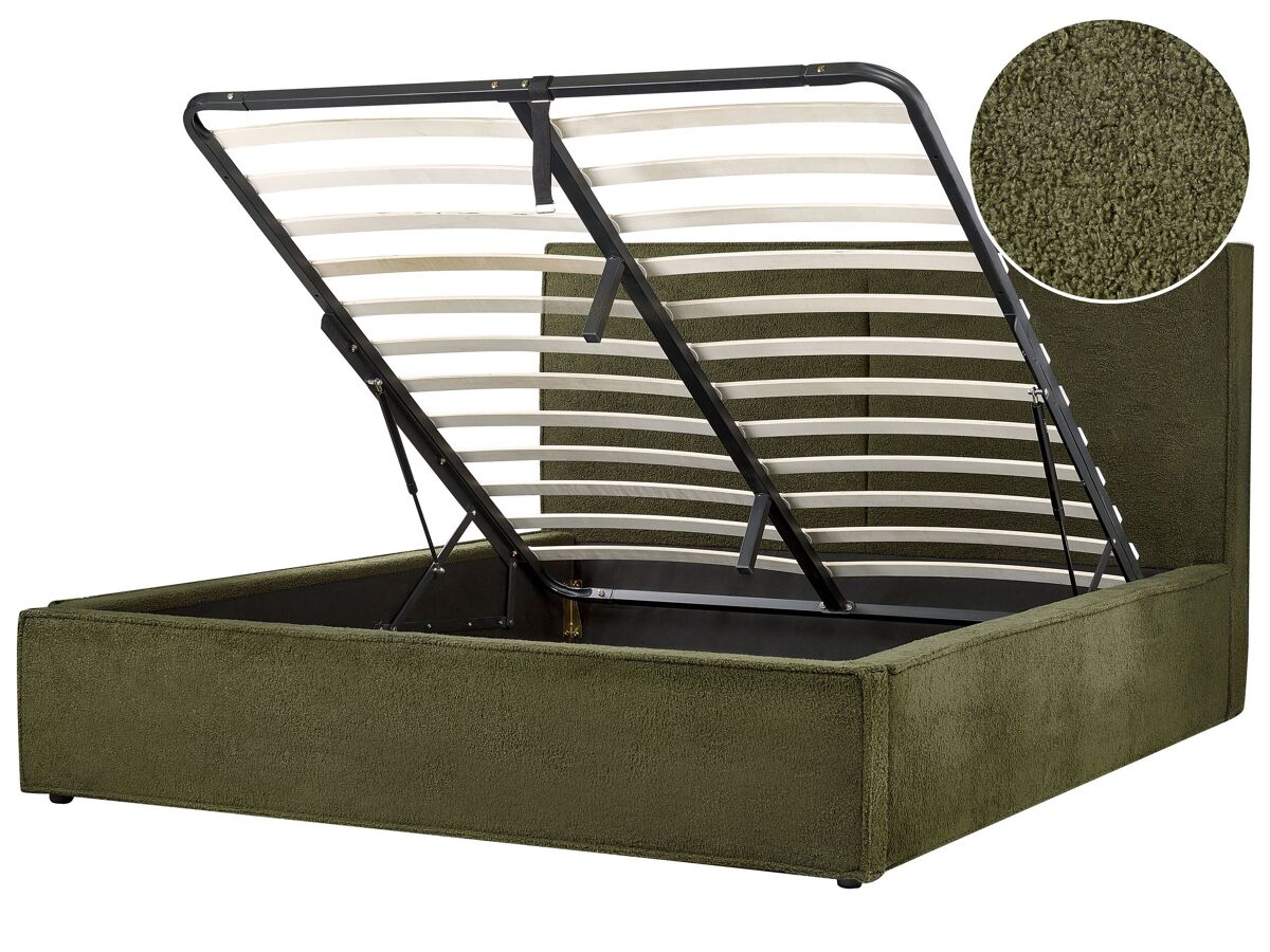 Beliani Cama con almacenaje Bouclé MOISSAC 177x224 Verde Oscuro