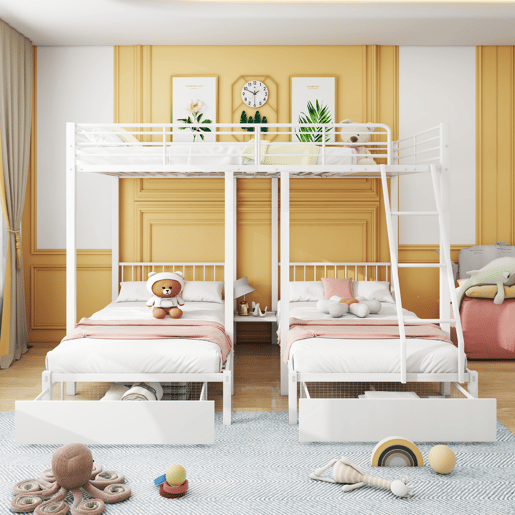 Beliche para 3 crianças com 2 gavetas - 140x200cm e 2x90x200cm - estrutura do colchão - Branco (colchão não incluído)