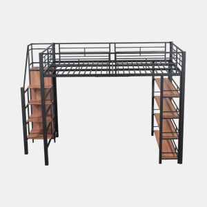 Cama mezzanine 140x200 cm - com pequeno roupeiro e prateleiras para arrumação - Preto