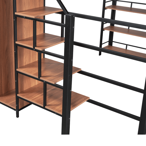 Cama mezzanine 140x200 cm - com pequeno roupeiro e prateleiras para arrumação - Preto