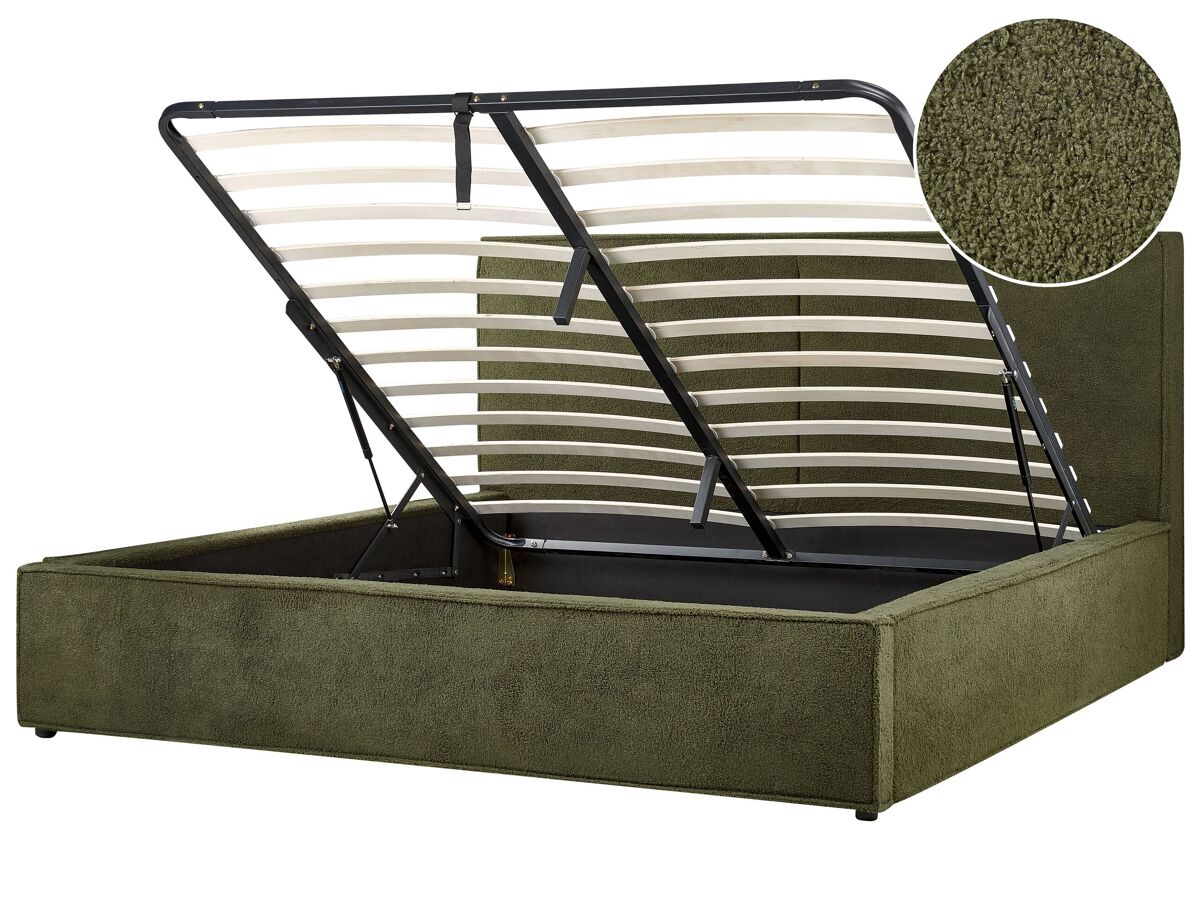 Beliani Cama con almacenaje Bouclé MOISSAC 197x224 Verde Oscuro