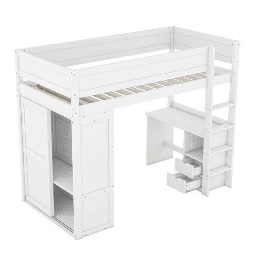 Cama mezzanine 90x200 cm - cama de criança multifunções - equipada com roupeiro e secretária - em pinho maciço - Branco