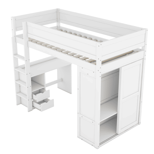 Cama mezzanine 90x200 cm - cama de criança multifunções - equipada com roupeiro e secretária - em pinho maciço - Branco