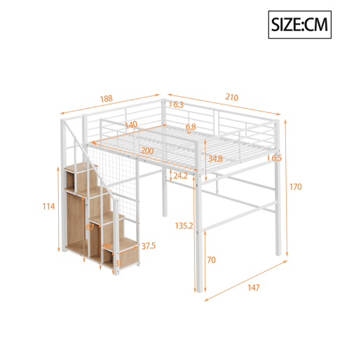 Cama mezzanine para crianças 140x200 cm - com escada de segurança e arrumação - Branco