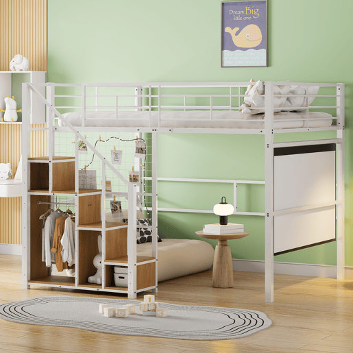 Cama mezzanine para crianças 140x200 cm - com escada de segurança e arrumação - Branco