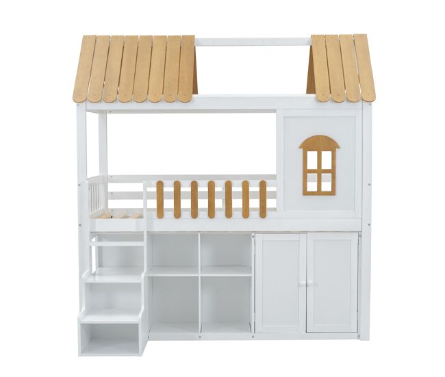 Cama alta 90x200 cm - de madera de pino - con estantes, armario y escalera almacenaje - blanco y natural