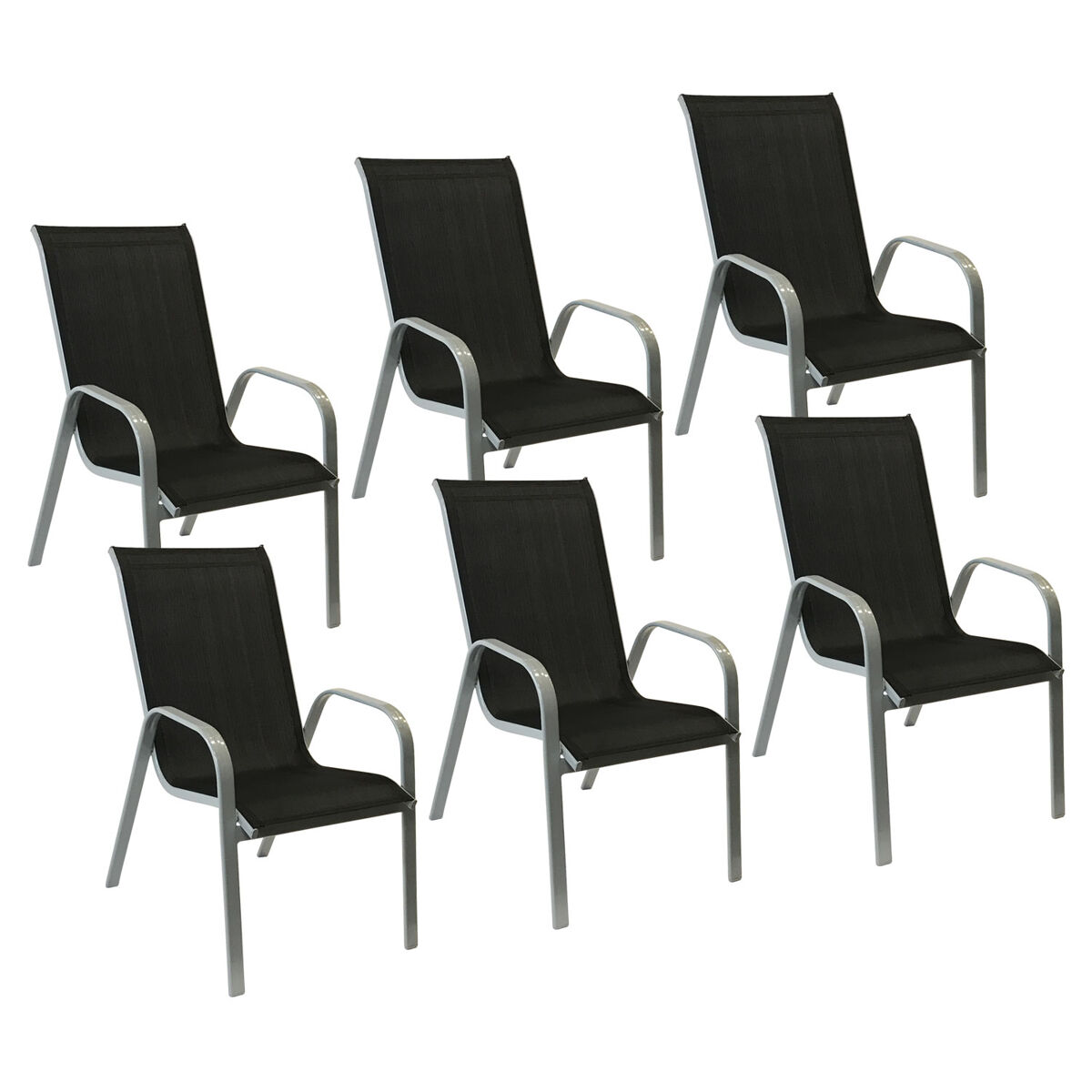 lote de 6 sillas marbella en textileno negro - aluminio gris
