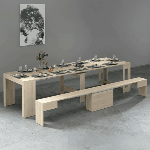 Conjunto de mesa e cadeiras com efeito madeira