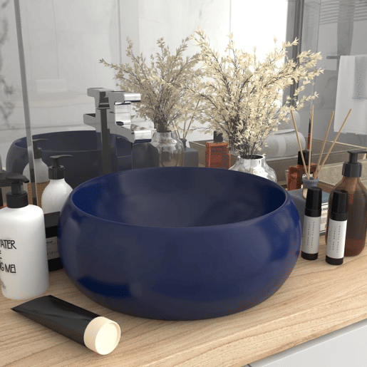 vidaXL Lavatório luxuoso redondo 40x15cm cerâmica azul-escuro mate vidaXL Lavatório luxuoso redondo 40x15cm cerâmica azul-escuro mate
