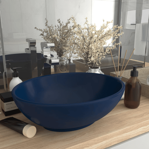 vidaXL Lavatório luxuoso oval 40x33cm cerâmica azul-escuro mate
