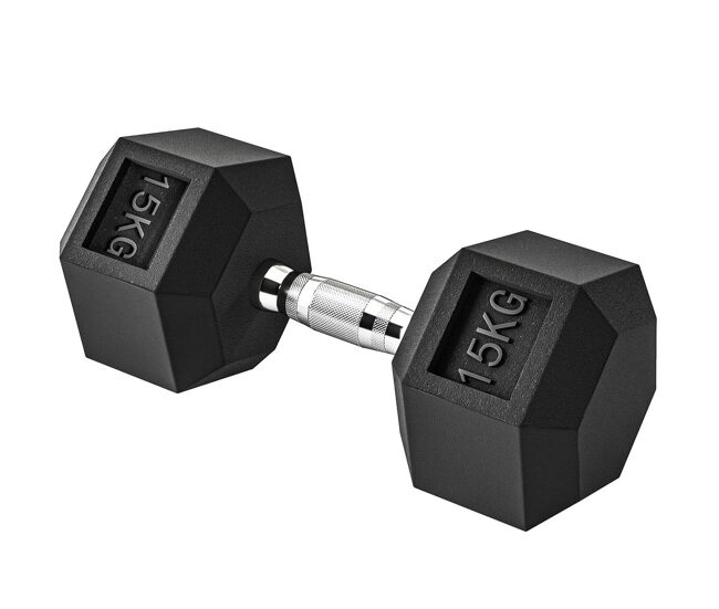 Homcom mancuerna hexagonal 15 kg de hierro fundido, pesas de metal recubiertas de goma, con mango moleteado, para entrenamiento en casa, gimnasio, y oficina, negro y plata