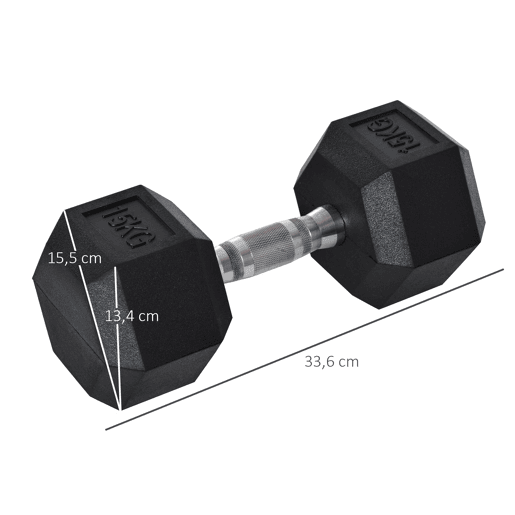 HOMCOM Halter Hexagonal, 15 kg, em Ferro Fundido, Revestido a Borracha, Barra de Ligação para Treino em Casa, Ginásio e Escritório, Preto e Prata